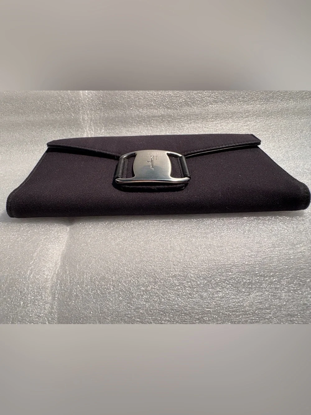 Authentic Ferragamo Vara Black Canvas Leather Long Wallet COA